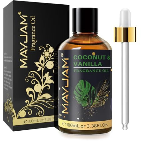 MAYJAM Aceite Perfumado de Coco y Vainilla 100ml, Aceite con Fragancia Para Difusores de Aceites Esenciales, Aromaterapia, Hogar, Quemador de Aceite