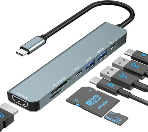 Hub USB C, Adaptateur vers HDMI 4K, PD 100W, USB 3.0 Port, USB 2.0 Port, Type-C Port, USB C vers Carte SD/TF, USB C Multiport 7 en 1 pour iPhone 16/15 Série, MacBook Pro/Air