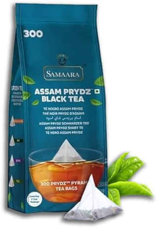 Samaara Prydz Pyramiden Teebeutel Schwarztee Geschmack | Natürliche Mischung aus Assam | Packung mit 300 Teebeuteln | 870g (Assam-Prydz))