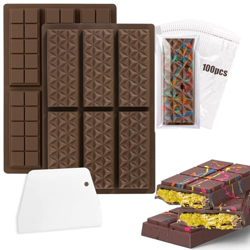Tnhsvp 2 Stück Schokoladenform Silikonform Schokolade Tief Set, Schokoladenform Tief Dubai Schokolade Form, für 6 Muldenfür Schokoladentafel Chocolate Mold, mit Schaber und 100 Tasche, für Schokolade