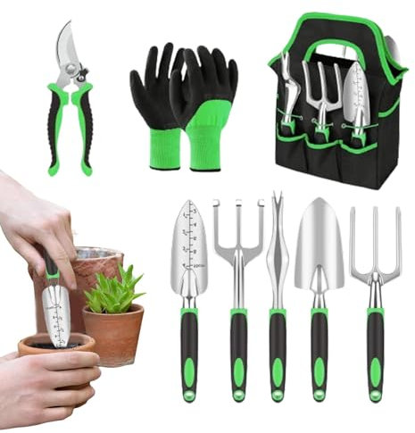 Outils de jardinage avec sac, outils de jardinage portables en métal pour l'extérieur, outils de coupe avec sac de rangement, 18 outils à main ergonomiques avec poignée en caoutchouc pour le jardin
