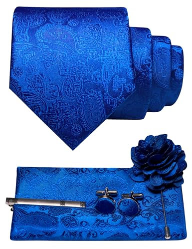 JEMYGINS Corbata de cachemira para hombre con pañuelo de bolsillo, clip de corbata, broche de flores y gemelos, azul, M
