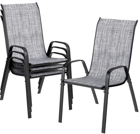 LIFERUN Lot chaises de Jardin empilables à Dossier Haut - Structure en Acier textilène - pour Jardins, Cours, balcons, Restaurants - Charge maximale : 150 kg - 54 x 69 x 93 cm (4, Gris Lin)