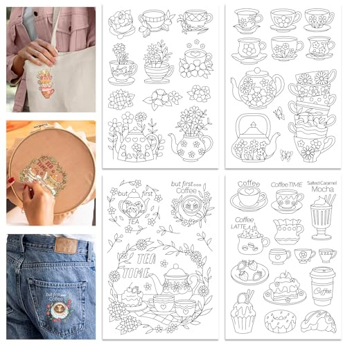 GLOBLELAND 4 Blatt A4 Blumen Teekannen Stickvlies Wasserlöslich Selbstklebend Dessert Stickmuster Stickaufkleber Stickvorlagen Bedruckbare Stickereipapier für DIY Projekte Stickerei Anfänger