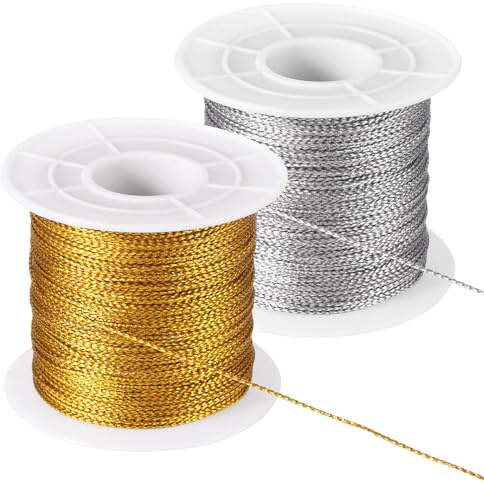 PATIKIL 656 fot/218 Yard metalliskt snöre glitter prydnadssträng, 1 mm etikettsnöre icke-stretch tråd för presentinslagning hantverk smyckestillverkning, guld/silver 2 spole