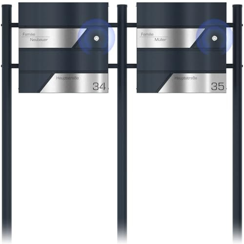Graviers Design Standbriefkasten mit Funkklingel in Anthrazit RAL 7016 für 2er Mehrfamilienhaus - Postkasten personalisiert Edelstahl Lasergravur - Briefkasten Schloss Design 1