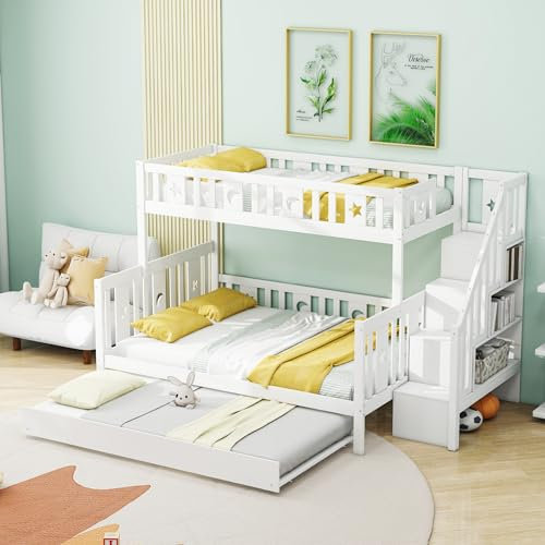 Etagenbett 90x200 & 140x200 für 3 Kinder, Kinderbett Hochbett mit Treppe und Stauschrank, Funktionsbett Stockbett Spielbett Jugendbett mit Ausziehbett und Lattenrost, Massivholz, Ohne Matratze, Weiß