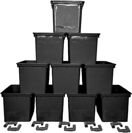 10-Pack Dutch Bucket Hydroponic System – Bato Buckets with Siphon Elbows – 11L (12 x 10 x 9) - Tan or Black (Black)
