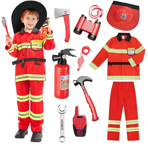 yecwkaz Costume de Pompier pour Enfants Deguisement Chef des Pompiers avec 10 pcs Accessoires pour Halloween Carnaval Noël, L'éducation Aux Exercices D'incendie Cosplay Jeu de Rôle Jouets,130cm