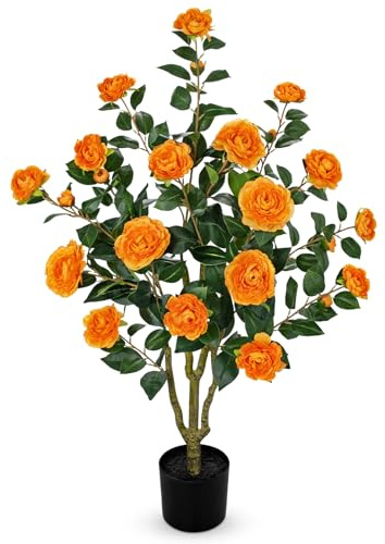 Arborus Künstlicher Kamelienbaum 90cm Kunstbaum mit Blüten Dekobaum | Künstlicher Kamelienbaum Orange Kunstplfanzen wie Echt im Topf Frühlingsdeko Wohn Küche Flur Eingangbreich Sommer Dekor