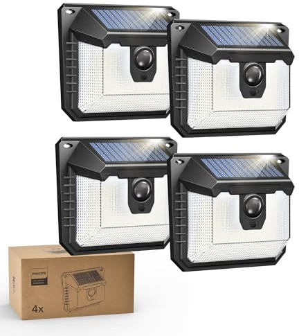 Philips Lampe Solaire Extérieur avec Détecteur, 120 LEDs Sécurité, 3 Modes, Étanche pour Jardin Clôture Garage Lot de 4