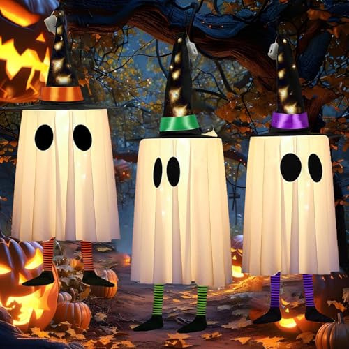 Chaohua Halloween Deko Geist Licht, 3 Stück LED Geisterlampe Hängend Mit Zaubererhüten, 60cm Helloween Outdoor Hängende Geister Dekorationen for Garden Lawn Porches Patio Backyard (Grün Orange Lila)