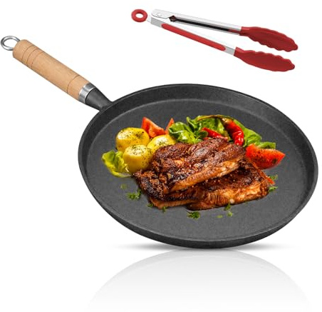 WIYETY Poêle à frire en fonte de 20 cm - Poignée en bois - Poêle ronde en fonte - Avec clips alimentaires en silicone - Pour cuisine en extérieur, barbecue à gaz, gaz
