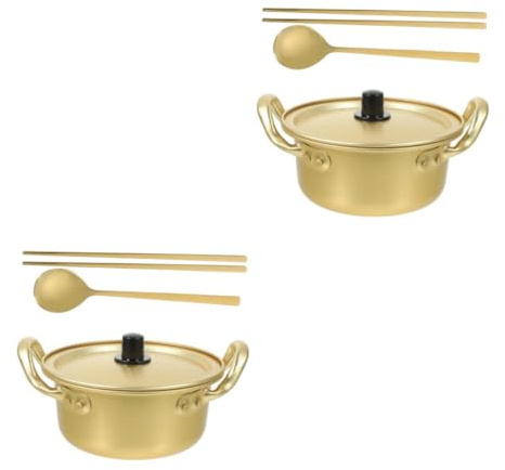 PRETYZOOM 2 Sets Korean Ramen Pot Non Stick Aluminum Noodle Cooking Pan Multi Purpose Lightweight Kitchen Cookware with Gold Chopsticks and Spoon for Soup and Instant Ramen
