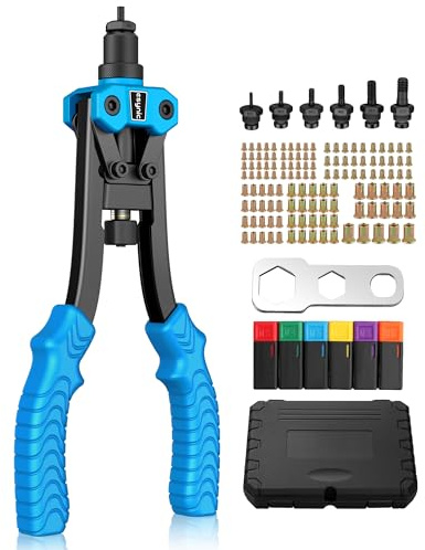 eSynic 12'' Pince à Insert Fileté avec Mandrins Interchangeables M3 M4 M5 M6 M8 M10 125pcs Riveteuse Manuelle Kit de Outil Professionnel à Riveter avec Étui de Transport Pince à Rivet Insert - Bleu