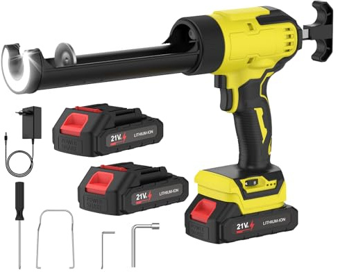 Akku Kartuschenpresse, 21V Elektrische Kartuschenpresse mit 2 x 1.5Ah Batterien, 6 Geschwindigkeiten, LED-Licht, Digitale Leistungsanzeige, Akku Silikonpistole für 300 ml Kartuschen (Gelb)