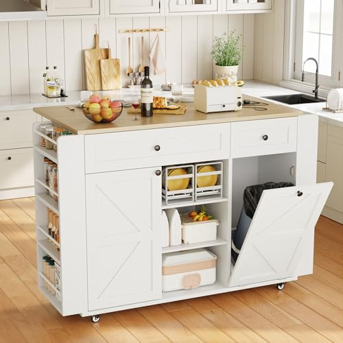 Kitchen Island on Wheels with Storage, Rolling Island Cart with Power Outlet, Portable Kitchen Islands with Trash Can Storage, Drawers, Open shelves, Spice Rack, Drop Leaf Breakfast Bar Table (White)