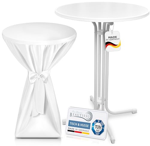 Beautissu Outdoor Stehtisch klappbar mit Husse Wetterfester Partytisch TÜV | 80cm Weiß Weißer Platzsparender Bistrotisch Gastro-Qualität Premium Stehtischhusse Klapptisch Gartentisch Sylt