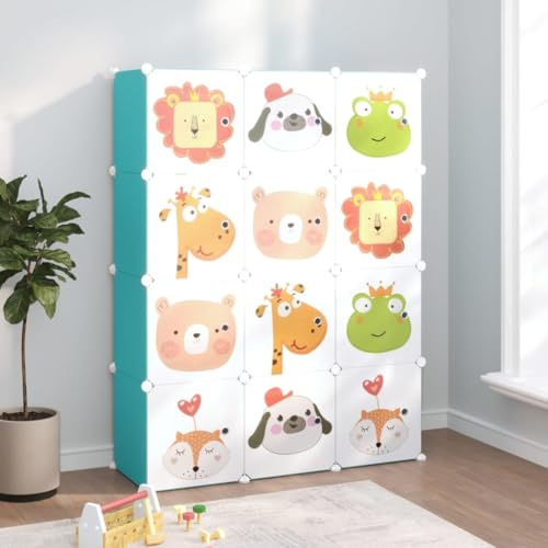 HaoChrymec Kinderschrank Modular mit 12 Würfeln, PP, Stabil, Farbenfrohes Muster, Aufbewahrungsregal für Kinderzimmer, Kleiderschrank für Kinder, Grün, 110 x 36.5 x 143.5 cm