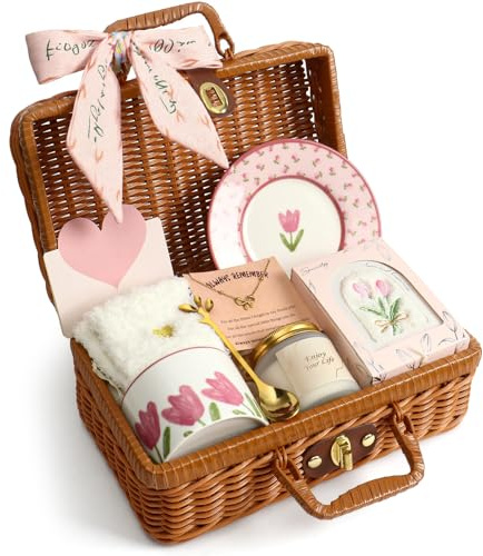 Coffret Cadeau D'anniversaire pour Femme, Keramik Soucoupes & Tasses & Bougie Parfumé & Handtuch & Collier & Panier Cadeaux D'anniversaire, Cadeaux pour Fete Valentin Meres pour Femme Maman Amie