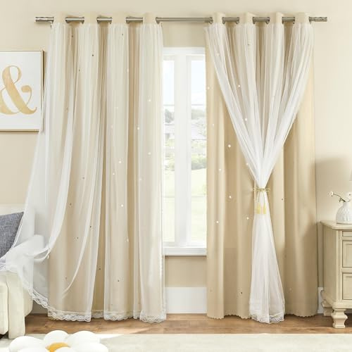 Cortina Oscurecedora para Dormitorio, Doble Capa, 132 x 160 cm, de Poliéster con Diseño de Estrellas de Voile, Puerta Corredera, Multicolor, Beige 132/160