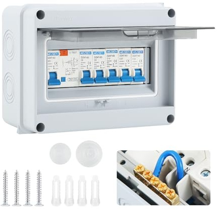 Boîte à fusibles en saillie IP65, boîte de distribution en saillie avec disjoncteur Fi, petit répartiteur en saillie, pour garages, ateliers, bureau, disjoncteur 63 A, disjoncteur AC 2 x 6 A+10 A+20 A