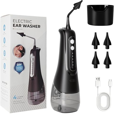 Pulitore elettrico dell'orecchio con 4 modalità di pressione, impermeabile IPX7, doccetta con 4 ugelli, risciacquo dell'orecchio per uso domestico, detergente per orecchie per bambini adulti, nero