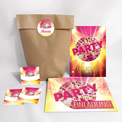 12-er Set Einladungskarten, Umschläge, Tüten, Aufkleber zum Geburtstag Einladungen Kinder Erwachsen / Disco-Geburtstag / gold (12 Karten + 12 Umschläge + 12 Party-Tüten / natur + 12 Aufkleber)