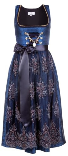 Edelnice Trachtenmode Josepha - Delantal de tirolesa largo con encaje y charivari (talla 32-56), azul, 44