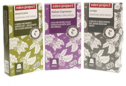 THE EDEN PROJECT Plastic Free Nespresso Compatible Coffee Capsules | ITALIAN COFFEE SELECTION PACK | Home Compostable - Climate Neutral | Italian Espresso, Lungo and Gusto Espresso (30)