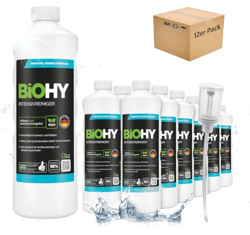 BiOHY Nettoyant Universel Intensif (12 x 1l Bouteille) + Distributeur | nettoyant Industriel Haute Performance | nettoyant de Base idéal pour Les nettoyeurs Haute Pression (Intensivreiniger)