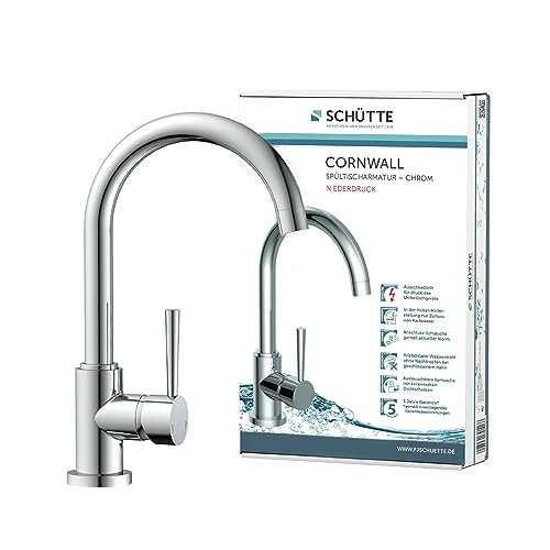 SCHÜTTE 79119 CORNWALL Küchenarmatur Niederdruck, Spültischarmatur mit hohem Auslauf, Einhebelmischer, energiesparend, 360 ° schwenkbar, Wasserhahn Küche, Armatur Spüle, Chrom