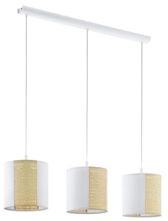EGLO Pendelleuchte Arnhem, 3 flammige Hängelampe Vintage, Boho, Hygge | Hängeleuchte aus Stahl, Papier und Seegras in Weiß, Natur, Esstischlampe, Wohnzimmerlampe hängend mit E27 Fassung, L 102 cm