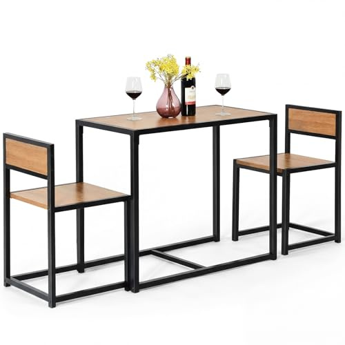COSTWAY 3 Pezzi Set Mobili da Pranzo, con Tavolo e 2 Sedie da Cucina, Struttura di Metallo e Legno, Rustico Elegante (Nero + Beige)