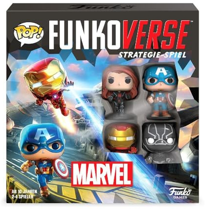 Funko Games Funkoverse: Marvel 100 4-Pack - German Version - Captain America, Black Widow, Iron Man And Black Panther - 3'' (7.6 Cm) POP! - Light Strategy Board Game For Children & Adults (Ages 10+)