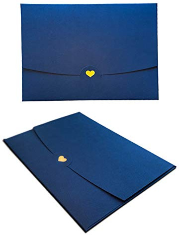 JoliCoon 5 Briefumschläge DIN A6 Dunkelblau mit goldenem Herz | Steckverschluss, ohne Fenster, 15,4 × 11 cm, für Grußkarten und Einladungen