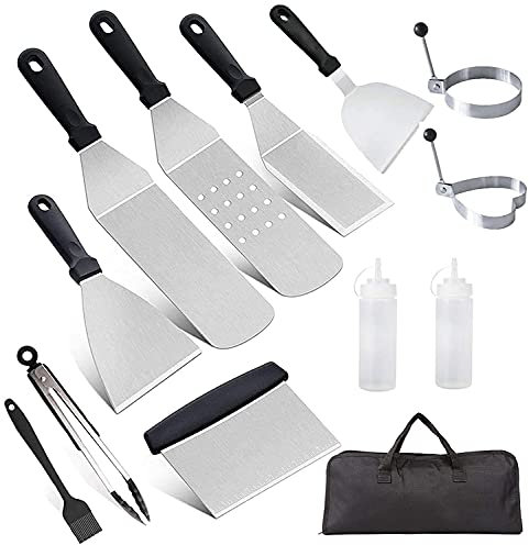 Set di Spatola e Raschietto per Barbecue, AMZMUKAUP 12 Pezzi Kit BBQ di Utensili Teppanyaki Acciaio Inox Accessori per Griglia Cucina da Campeggio, Barbecue all'aperto, Feste in Cortile