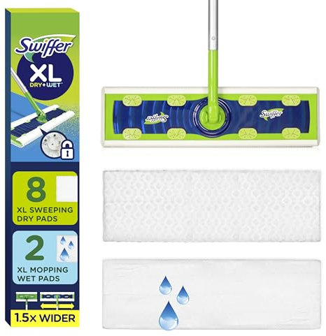 Swiffer Sweep + Mop XL, Broom & Mop Alternative, Floor Cleaner for Dirt, Dust, Hair, All Purpose Cleaning Tool for Home, Bathroom, Kitchen, Set Includes 1 XL Sweeper 8 XL Dry Pads 2 XL Wet Pads Fresh