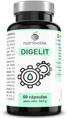 Digestivo Natural - Enzimas Digestivas DigeZyme con Bromelina - Ayuda contra Hinchazón Abdominal, Gases y Digestión Pesada, con Jengibre, Hinojo y Genciana – Vegano 60 cápsulas | Digelit Nutribiolite