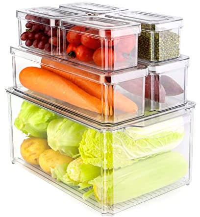 MXTIMWAN Organizador Frigorifico Juego de 7, Organizadores para Despensa Organizador Nevera con Tapa y Asapara, Cocina Nevera Caja Almacenaje Caja Plástico para Cocina, Gabinete Baño Armario Cajón