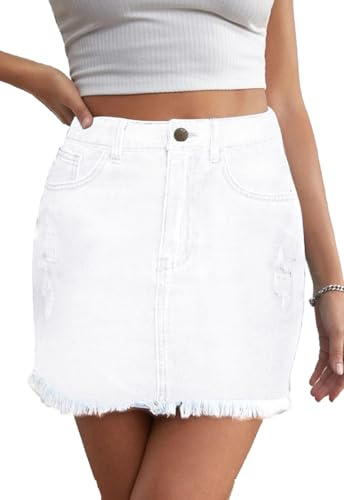 JayscreateEU Jupe d'été pour femme en jean - Jupe ajustée - Minijupe avec poche - Jupe taille hanche - Jupe A-ligne, Blanc., XL