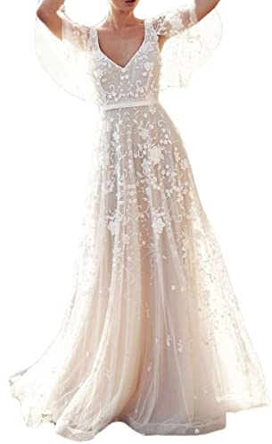 Onsoyours Abiti da Sposa Donna Elegante Senza Maniche Scollo a V Nuzial Abito con Spacco Pizzo Lungo Vestito Bianco 10 XL