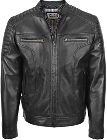 Giacca da motociclista in vera pelle da uomo Cafe Racer Style Eddie, Nero , XL