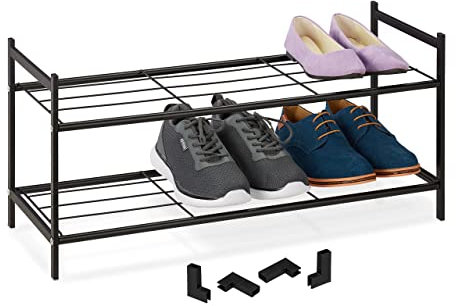 Relaxdays Metall Schuhregal, 2 Ebenen, stapelbar, Flur Schuhgestell HBT 33,5 x 70 x 26 cm, 6 Paar Schuhe, offen, schwarz