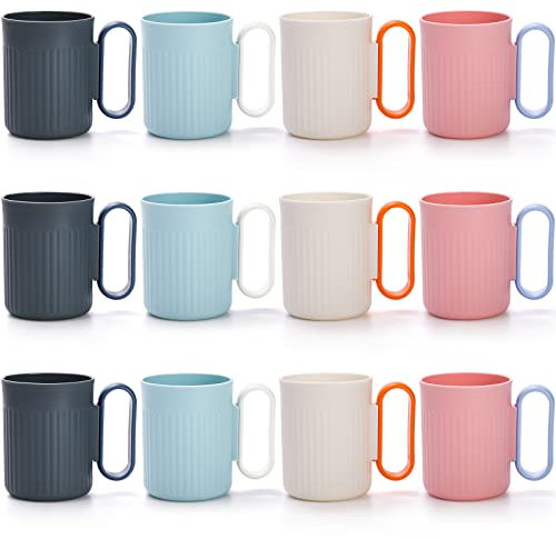Jucoan 12 Pack Reusable Plastic Coffee Mugs,480 ml Unbreakable Plastic Cups with Handle for Coffee, Tea, Drinks, BPA Free Healthy Drinking Mugs for Adults, 4 Colors