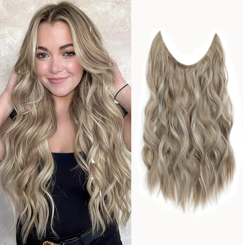 Ms Taj Invisible Secret Wire Extensions 50cm,Aschblonde Extensions lange mit Einstellbarer Größe,ein Stück Synthetik lockiges Haarverlängerungen Clip in Haarteile für Frauen