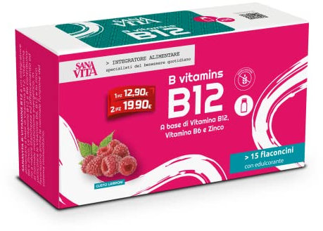 Sanavita B12 Integratore alimentare con B12, B6 e Zinco - 15 flaconcini liquidi per confezione Gusto lampone