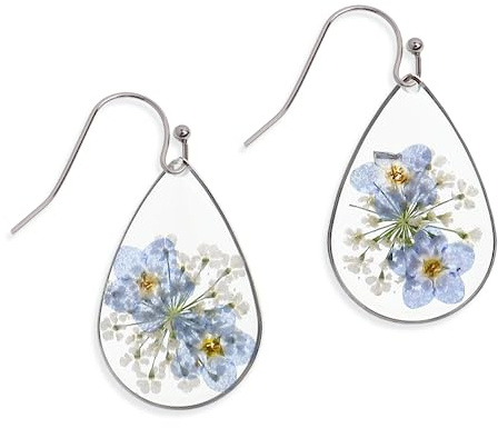 JeanBeau Handmade Pressed Flower Earrings for Women, Forget-Me-Not Queen Anne's Lace Wildflower Blue Nature Dried Flowers Silver Teardrop Dangle Drop Statement Floral Earings Jewelry Gift