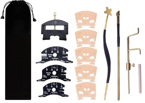 TUOREN 14 Pieces Violin Luthier Install Repair Tool Kit with Template Gauge, String Lifter, Maple Bridge, Sound Post Gauge, Retriever Clip, Setter, Velvet Storage Bag Violin Parts & Accessories
