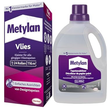 Metylan Vlies, Tapetenkleister für Vliestapeten, Kleister mit hoher Ergiebigkeit (1x720g) & Metylan Tapetenablöser Aktiv-Konzentrat, löst schnell und problemlos (1x 1l)